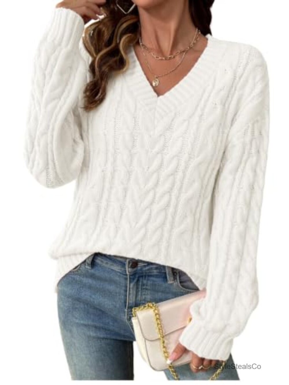Cable Knit Oversized Sweater Convertible V Neck Off Shoulder Long Sleeve
